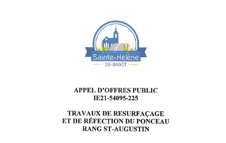 Appel d'offres public - Travaux de resurfaçage et de réfection du ponceau - Rang Saint-Augustin